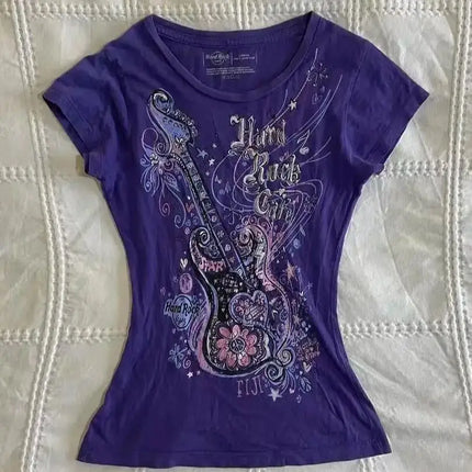 Women's Subculture Vintage Purple Print T-Shirt Summer Y2k American Retro Slim Tees Casual Harajuku Grunge Fashion Tops New