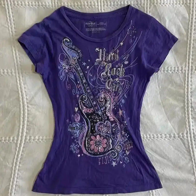 Women's Subculture Vintage Purple Print T-Shirt Summer Y2k American Retro Slim Tees Casual Harajuku Grunge Fashion Tops New