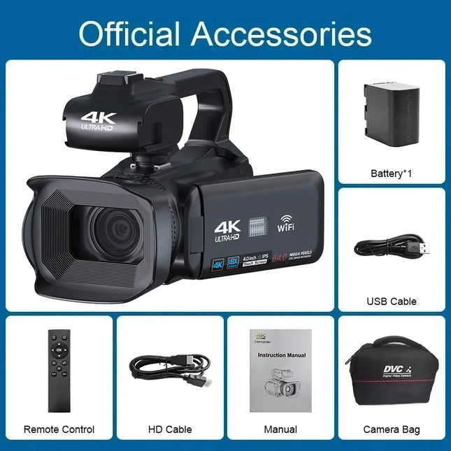 4K Ultra HD Professional Video Cameras for Photography 18X Digital Zoom YouTube Live Streaming Camcorders 64MP Vlogging Recorder