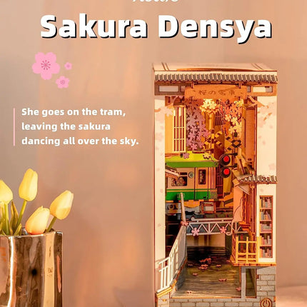 Robotime Rolife DIY Book Nook Japanese Sakura Densya in Books Series Wooden Miniature House with Furniture Doll House Kits Toy