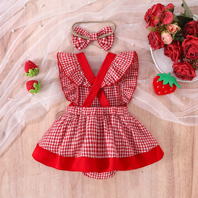 2PCS Summer Cross-Border New Style for Girls and Babies 0-1 Years Old Sweet and Cute Red and White Plaid Dress Pants