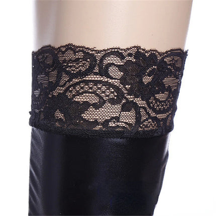 Women PU Leather Lace Stockings Imitation Sexy Wetlook Black Lingerie Hot Erotic Fetish Clubwear Costumes  bodysuit