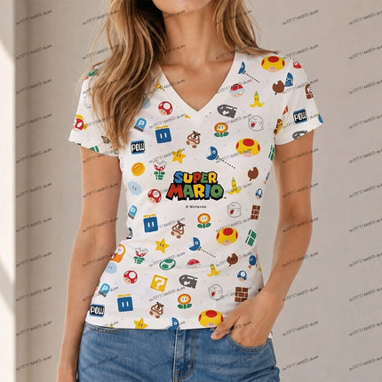 New Super Mario Women T Shirts Party XS-5XL 3D Print V Neck Harajuku Style Streetwear Hot Sale Fashion Summer Anime High Quality