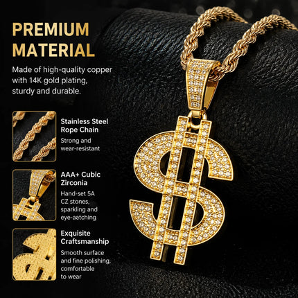 14K Gold Plated Iced Out Dollar Sign Pendant Necklace for Men, Hip Hop Bling Micro Pave CZ Money $ Symbol Chain, Heavy Duty Figaro Link Chain, Luxury Flashy Rap Jewelry Gift for Party Club Birthday