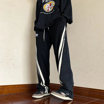 Mens Y2K Tracksuits Denim Drawstring Casual Pants Street Straight Pants Unisex Fashion Stitching Contrast Jeans Hip-Hop Trousers