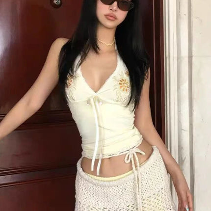 2025 Summer Aesthetic Vintage Slim Slash Neck Vest Women Sexy High Street Embroidery Print Sling Tops Y2k Hot Girl Lace Clothes