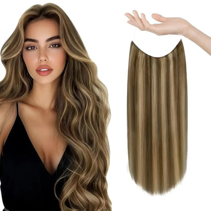 20 inch 100g Blond Halo Hair Extensions 100% Human Hair with Invisible Transparent Wire Adjustable Size Secure Clip on Hairpiece