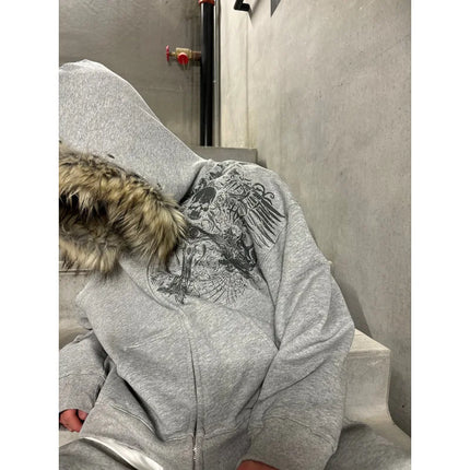 European and American Y2K fuzzy hat hoodie printed pattern long sleeved pullover hoodie retro jacket street trend
