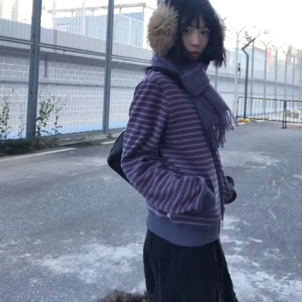 Y2K Vintage Zipper Hoodie Women Long Sleeve Subculture Purple Stripe Priint Harajuku Style Autumn Spting Casual Tops Streetwear
