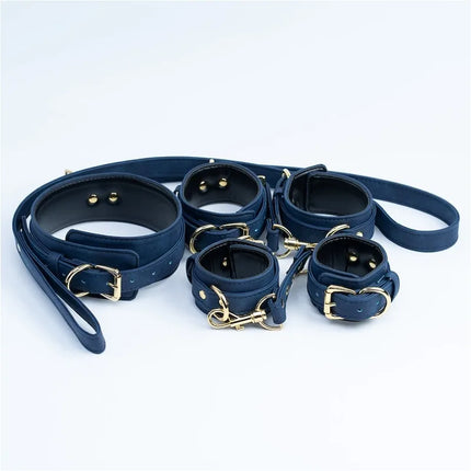 Premium Grain Blue Bondage Kit Restraints Set Handcuffs Erotic Wrist Ankle Cuffs Collar with Leash BDSM Fetish Sex Adult Games