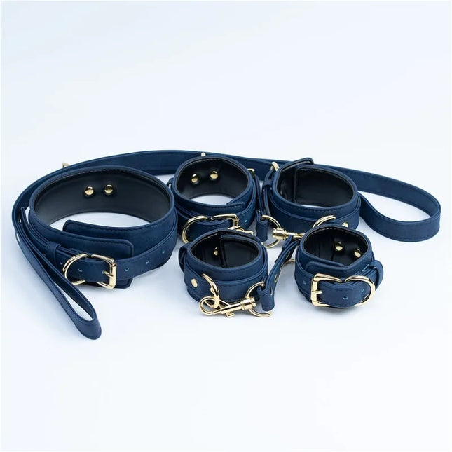 Premium Grain Blue Bondage Kit Restraints Set Handcuffs Erotic Wrist Ankle Cuffs Collar with Leash BDSM Fetish Sex Adult Games