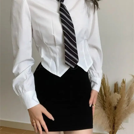 Slimming Preppy Style White Long Sleeve Shirt For Women New Season Japanese Style JK Uniform Bow Tie Waist-Fitted Blouse