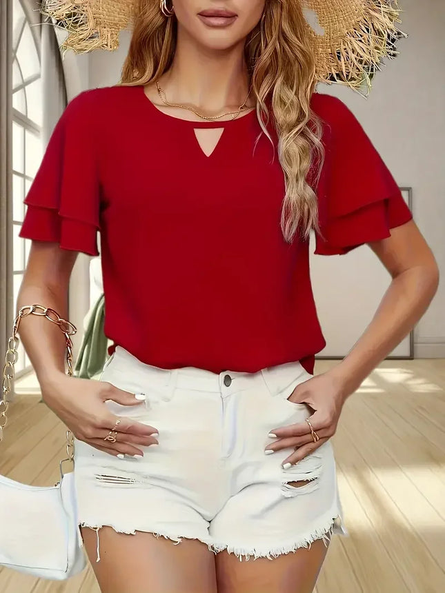 Plus Size 1XL-5XL Women Fashion Women's Elegant Keyhole Shirt Ladies Casual Solid Collar Ruffle Sleeve Color Boho Blouse Shirt