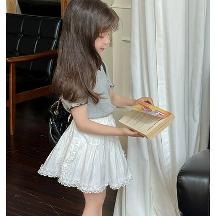 Girls' Ice Silk T-shirt Korean Style Short Sleeve Tops Children's Clothes 2025 Girl Summer Teen Kids Bow Round Neck Solid Tops