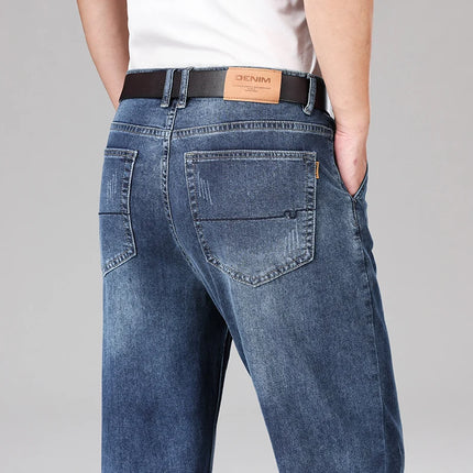 2026 Summer Brand Men's Cotton Lightweight Straight Leg Loose Jeans Classic Pocket Business Casual Mid High Waist Office Pants