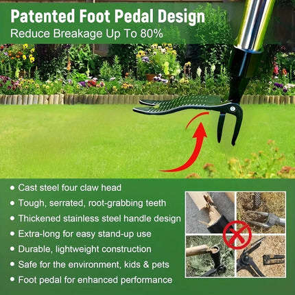 4-Prong Weeder with Long Handle,Durable Stainless Steel, Ergonomic Grip for Easy Weeding, No Bending or Kneeling Needed