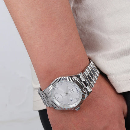 Business quartz watch with Arabic numeral markers, date display, textured dial, and bezel design, suitable for both business and leisure.