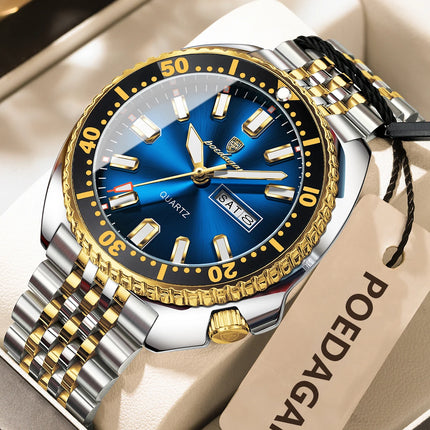 POEDAGAR Business Men Watch Date Week Waterproof Luminous Luxury Man Wristwatch Sports Stainless Steel Men's Quartz Watches Male