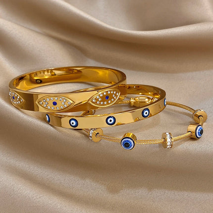 New Turkish Evil Eyes Rhinestones Stainless Steel Cuff Bracelet Bangle For Women Fashion Gold-plated Waterproof Charms Jewelry