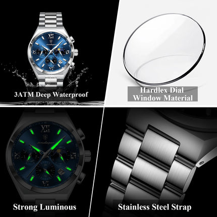 POEDAGAR Fashion Functional Men's Wristwatch Luminous Week Date Business Watch For Men Stainless Steel Sports Men's Quartz Watches