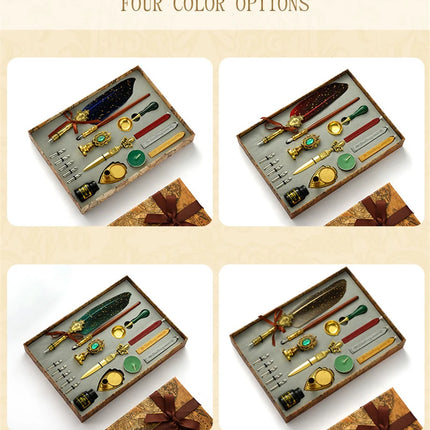 Luxury Fountain Pen Set, Retro Sprinkling Feather Pens Calligraphy Writing Dip Kit with Wax Seal Stamp & Replace Nibs, Gift Box