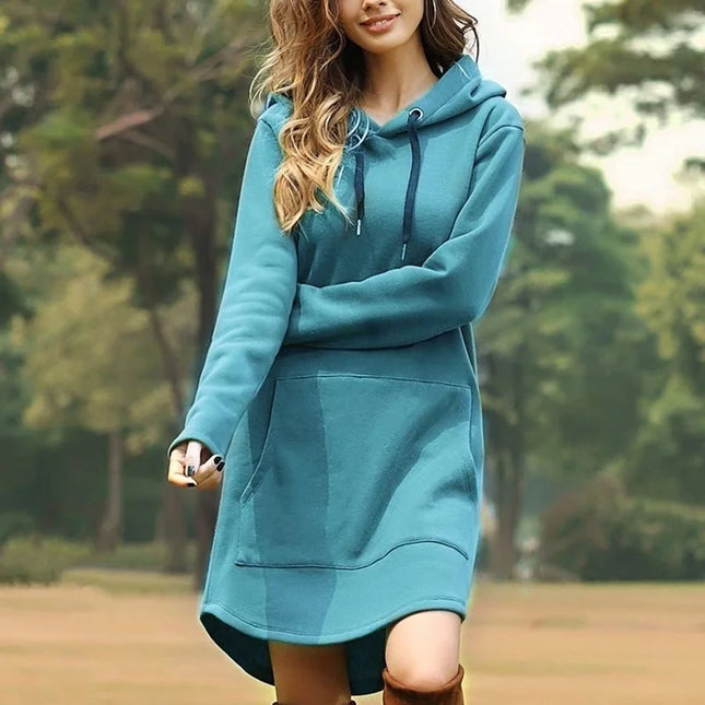 New Women's Long Sleeved Sweatshirt Dress Casual Pure Color Sweater Dress Fashion Pocket Hoodies Ladies Hooded Pullovers