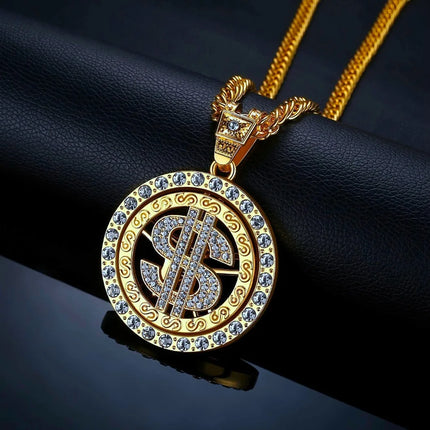 Luxury Zircon US Dollar Punk Hip Hop Round Rich Symbol Money Pendant Collar Chains Necklace for Men Women Gift Fashion Jewelry
