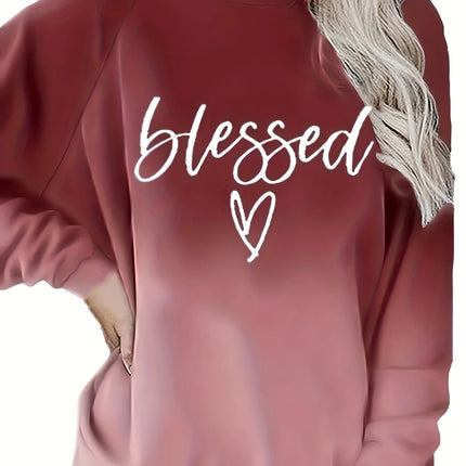 Plus Size Spring Casual Sweatshirt, Women's Ombre & Letter & Heart Print Raglan Sleeve Round Neck Slight Stretch Pullover Top