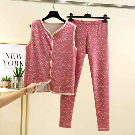 Warm Fleece Lined Velvet Home Clothes Set with Buttoned Knitwear Self Heating Anti Cold Two Piece Set for Women Autumn Winter