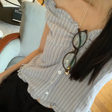 Korean Sle ort Striped Vest Women Summer Outerwear Subtle Design Single Button Lobone Trendy Age-Defng Top