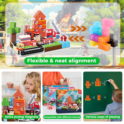 Magnetic Blocks Fire Truck Set 100 Pcs, Educational STEM Building Toy for Kids Gift