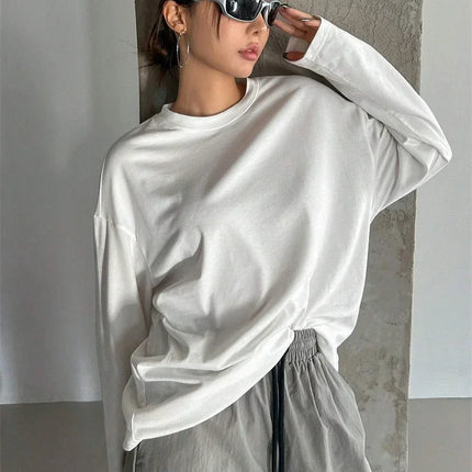 Women's Basic Long Sleeve Loose O-neck T-shirt Autumn Winter Solid Color Tee Top Streetwear