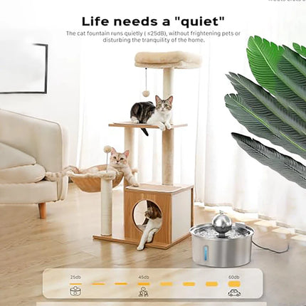3.2L Stainless Steel Pet Water Fountain with Ball Water-Level Window Ultra-Quiet Cat Dispenser  Automatic Drinking Feeder Bowl