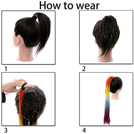 Synthetic Gradient Color Dirty Braided Ponytail Extensions With Elastic Band 24" Rainbow Braid Pony Tail Hairpiece For Girl