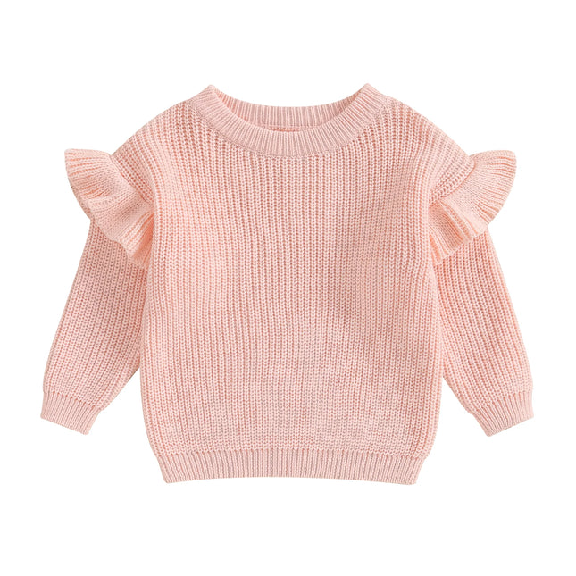 Pudcoco Infant Newborn Baby Girl Sweaters Cute Ruffle Long Sleeve Solid Color Knit Pullover Toddler Loose Tops 0-3T