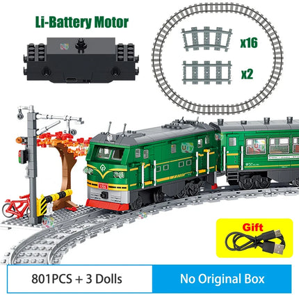 Technical Retro Green Steam Train City Car Electric Model Rechargeable Lithium Battery Motor Building Blocks Toys For Gifts