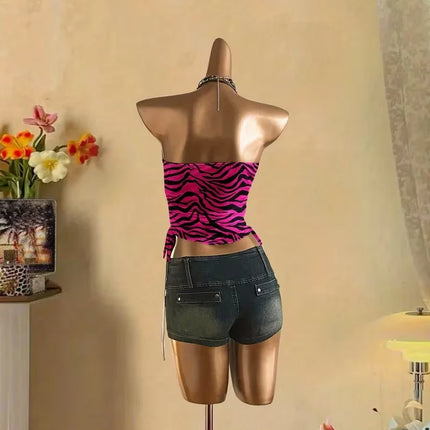 Cropped top - Women's summer vacation pleated lace-up leopard print vest, sleeveless zebra print top, pink zebra print top,