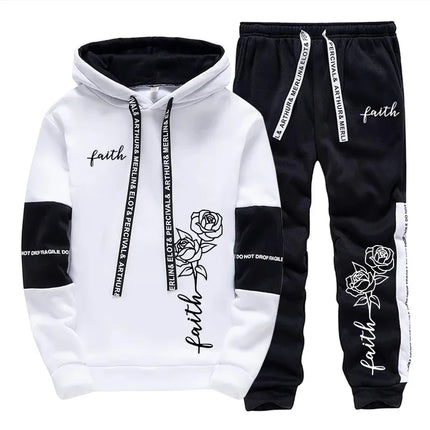 Faith Flower Print Hoodie and Sweatpants 2pcs Set Men/women Daily Casual Sports Hooded Outfit Autumn Unisex Fashion Jogging Suit