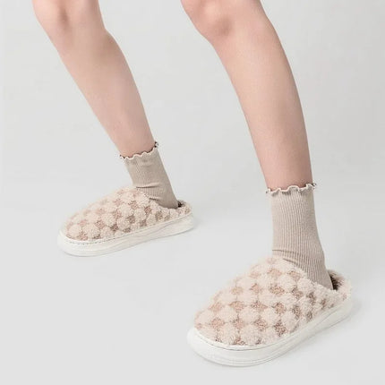 Fashion Couple Winter Toe Wrap Warm Plaid Plush Slippers Men Women Thick Soft Sole Slides Indoor Floor Flat Home Non-slip Shoes