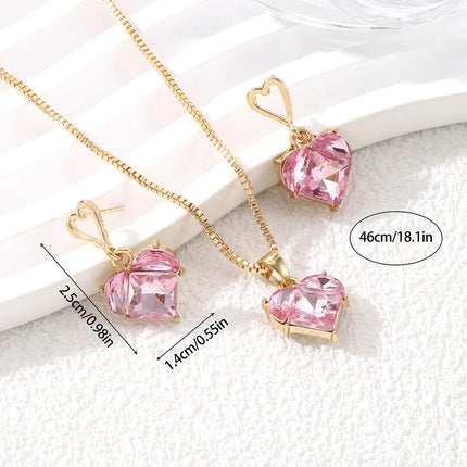 Y2K Heart Jewelry Set 3pcs Pink Crystal Zircon Pendant Earrings Necklace for Women Elegant Gift