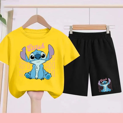Kids Disney Stitch Print Summer Cute Breathable Tees + Shorts 2pcs 3-12 Years Boy Girls Round-neck Set Children Leisure Clothing