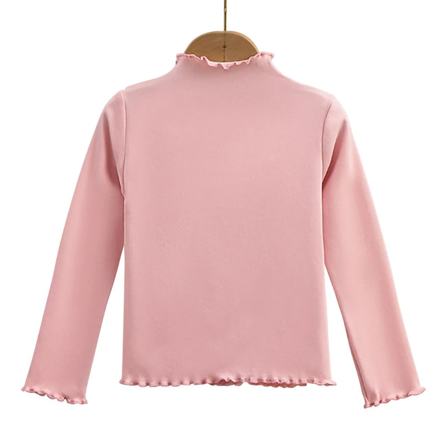 Girls' Long-Sleeve T-Shirt with Ruffle Edges, Soft and Warm Fashion Solid Color Tops, Cute Spring Autumn Casual Shirt for Kids