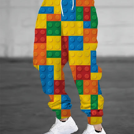 2025 New Men's Building Block Print Casual Pants Hip-Hop Street Style Drawstring Sweatpants Outdoor Fashion Men Drawstring Pants