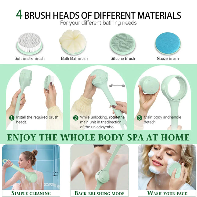 Electric Body Brush with 4 Heads, Back Scrubber for Shower, Waterproof Long Dual Handle Power Body Scrubber, Bath Brush for Clean