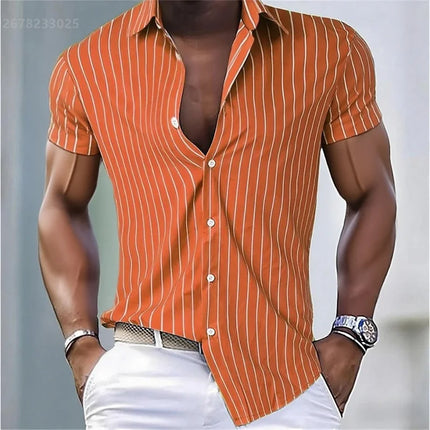Men's Shirt Striped Slim Fit Short Sleeve Shirt, Breathable Lapel Button Fashion Hawaiian Shirt, Comfortable Fabric XS-6XL