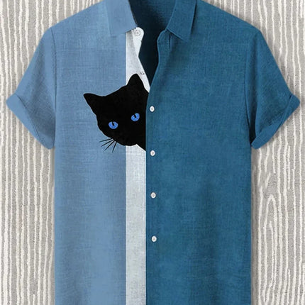 Men's blue and white color-blocked short-sleeved shirt with black cat print, collared casual outdoor vacation Hawaiian shirt.