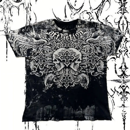 European and American men's summer Gothic letter skull print comfortable and breathable round neck T-shirt outdoor street top