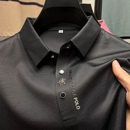High End Brand New Summer Solid Color Silk Cotton High-quality Short Sleeved Polo Men's Fashionable Business Seamless Casual Top