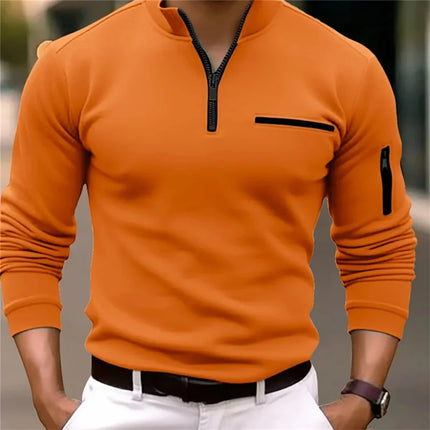 Men's stand-collar half-zip long-sleeve polo shirt, new autumn/winter style casual top with trendy and simple pocket detail