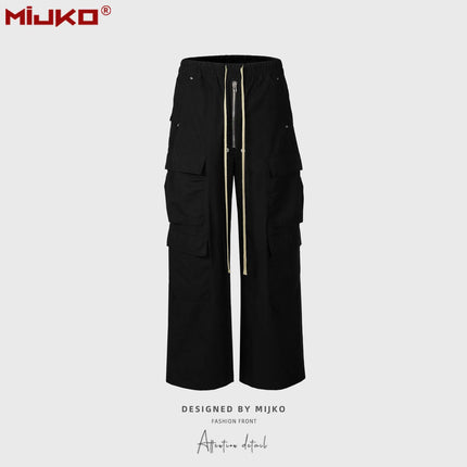 MIJKO Wide Leg Drawstring Black Cargo Pants Unisex Straight Baggy Casual Overalls Men's Streetwear Loose Oversized Trousers